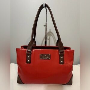 Kate Spade Patent Leather Cherry Red Tote Bag Brown Handles & Trim